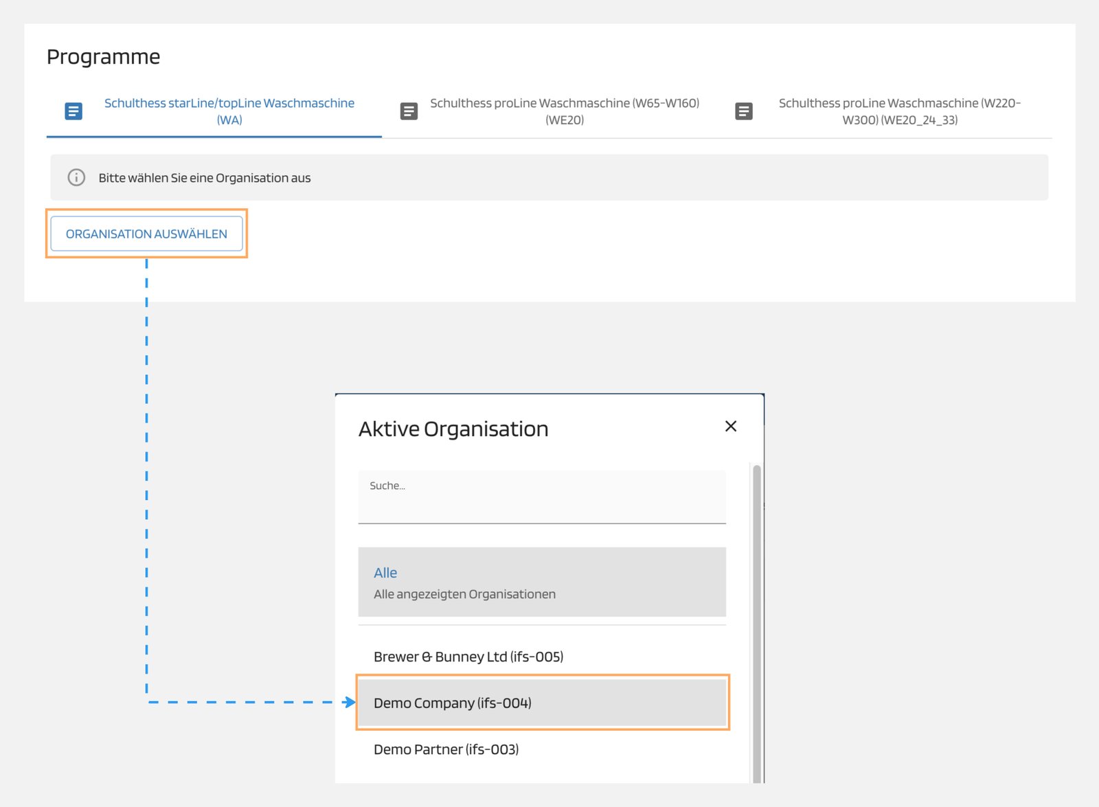 Organisation auswählen Organisation auswählen